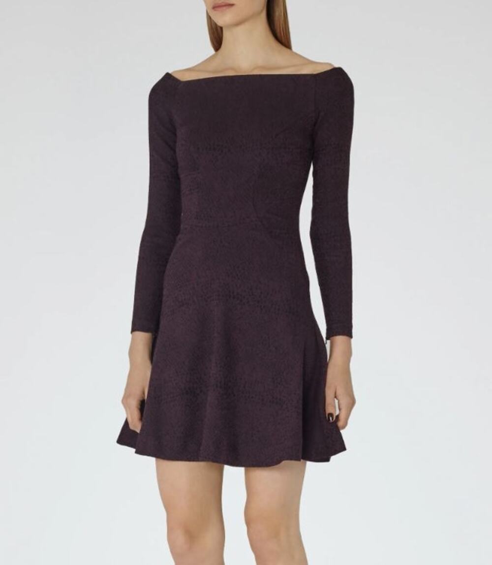 Reiss Tinsel Bardot-Neck Jacquard Fit And Flare Dress Purple Berry Womens Size 0